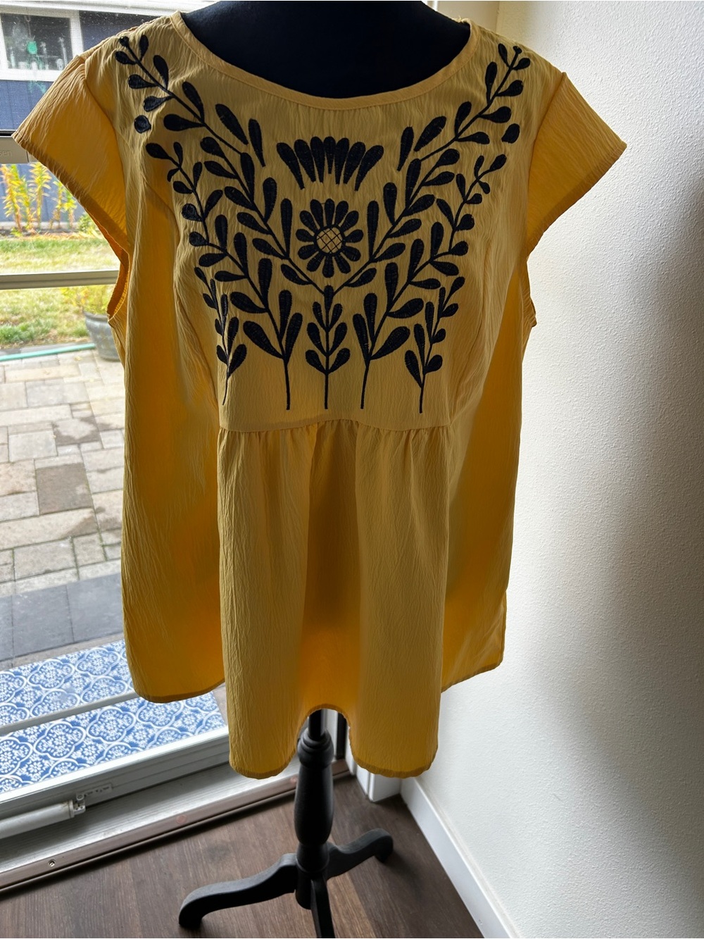SHEIN Yellow Embroidered Floral Peasant Tunic
